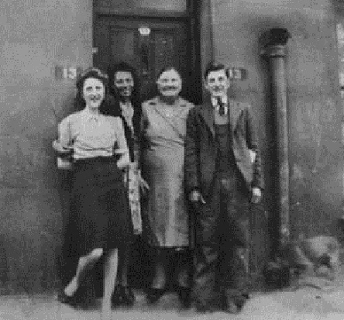 Esther Bruce with Granny Johnson, Kathy and Michael, outside "lucky" 13 Dieppe Street