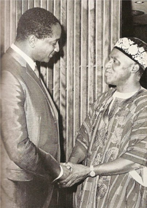 At the time Prime Minister Burnham with Nigerian Ambassador, Chief S.O. Adebo