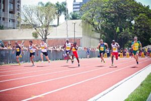 Raymond Hall on far left of photo as he and his USA team powers to Gold in the Mens (40-44) 4x100 relay in Porto Allegre, Brazil