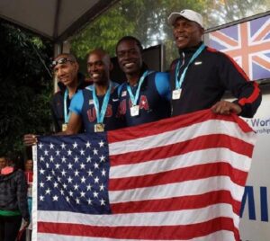 Gold medal US Mens' (age 40-44) 4x100 relay team.