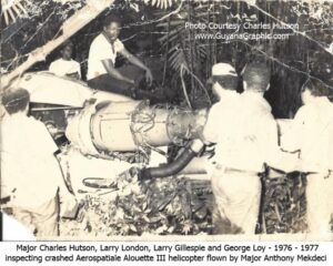 Major Charles Hutson, Larry London, Larry Gillespie and George Loy - 1976/1977 - Crashed Aerospatiale Alouette III chopper