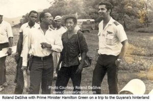 Roland DaSilva with Prime Minister Hamilton Green on trip to Guyana's Hinterland