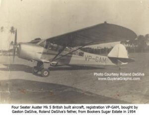 Four seater Auster Mk 5 British built aircraft registration VP-GAM bought by Gaston DaSilva, Roland DaSilva's father from Bookers Sugar Estate in 1954