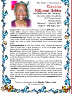 Announcement of Death - Claudine Millicent Holder