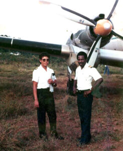 Captain Lloyd Marshall with colleague, Pilot Cheryl Moore, after touching down in Kamarang, Guyana.