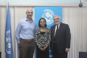 High Commissioner (for a day) Kendra Warner, with Pierre Giroux, meets Mr. Paolo Marchi, Deputy Resident Representative