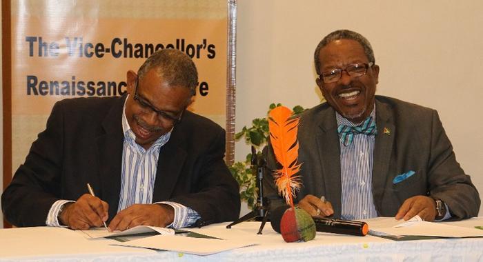 Vice-Chancellor and Principal Ivelaw Lloyd Griffith, and IRP Board Chairman Ian Randle signing the agreement