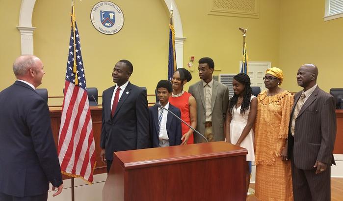 Kwasi Fraser and family, about to be sworn in as Mayor of Percellville, Virginia