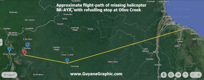 Flightpath of the missing Bell 412 helicopter 8R-AYA, based on Chiief of Staff Omar Khan's press briefing