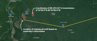 Coordinates of 8R-AYA ELT's transmission - 6°25'00.0"N 60°43'00.0"W of the missing Bell 412 helicopter 8R-AYA