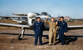 Walter Danraj, Michael Pacheco, and Michael "Taffy" Chan--a-Sue at flying school Perth, Scotland in 1962