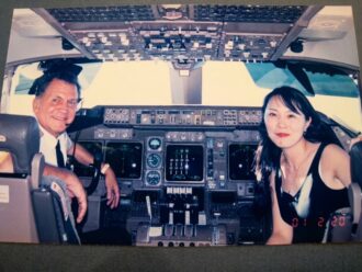 Captain Michael Pacheco and his wife on his last flight before retiring from Melbourne to Singapore in 2001
